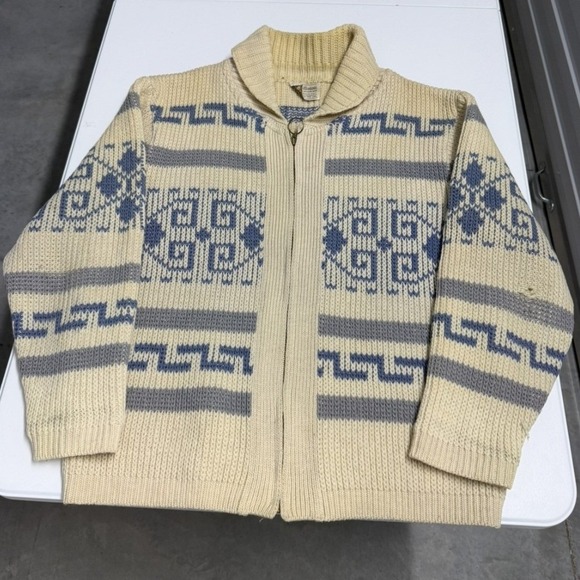 Vintage Pendleton High Grade Western Wear Wool Zip Cardigan XL Cream Blue Aztec